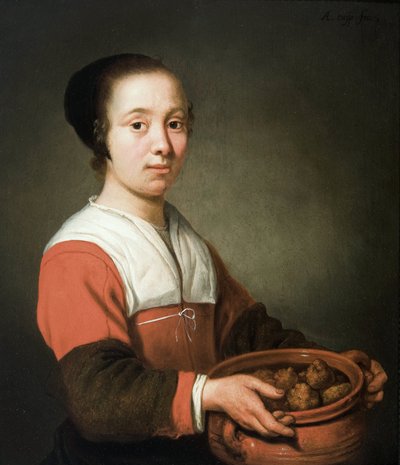 Young Woman with a Cooking Pot Full of Oliebollen by Aelbert Cuyp